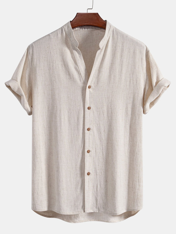 Short Sleeve Linen Rayon Blend Stand Collar Shirt & Straight Leg Linen Pants